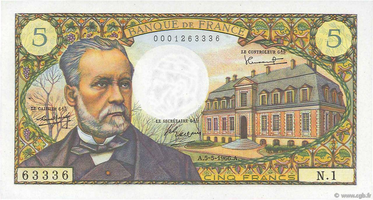 5 Francs PASTEUR FRANCIA  1966 F.61.01 SC