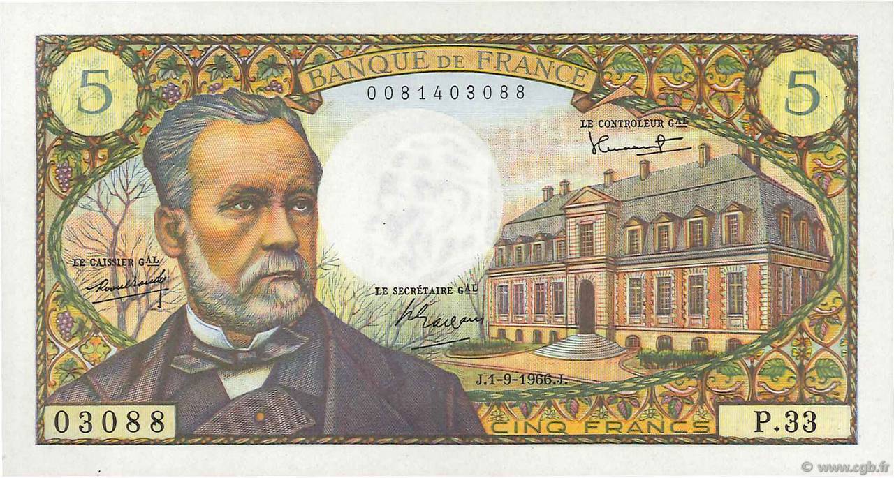 5 Francs PASTEUR FRANCE  1966 F.61.03 UNC