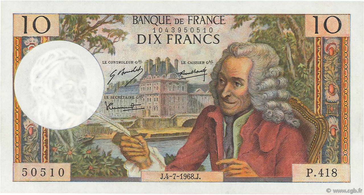 10 Francs VOLTAIRE FRANCE  1968 F.62.33 UNC