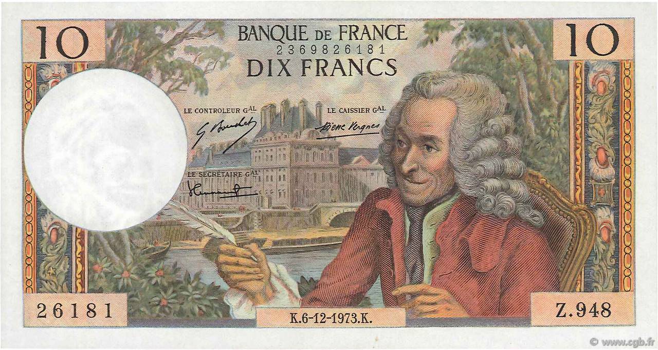 10 Francs VOLTAIRE FRANCE  1973 F.62.65 UNC