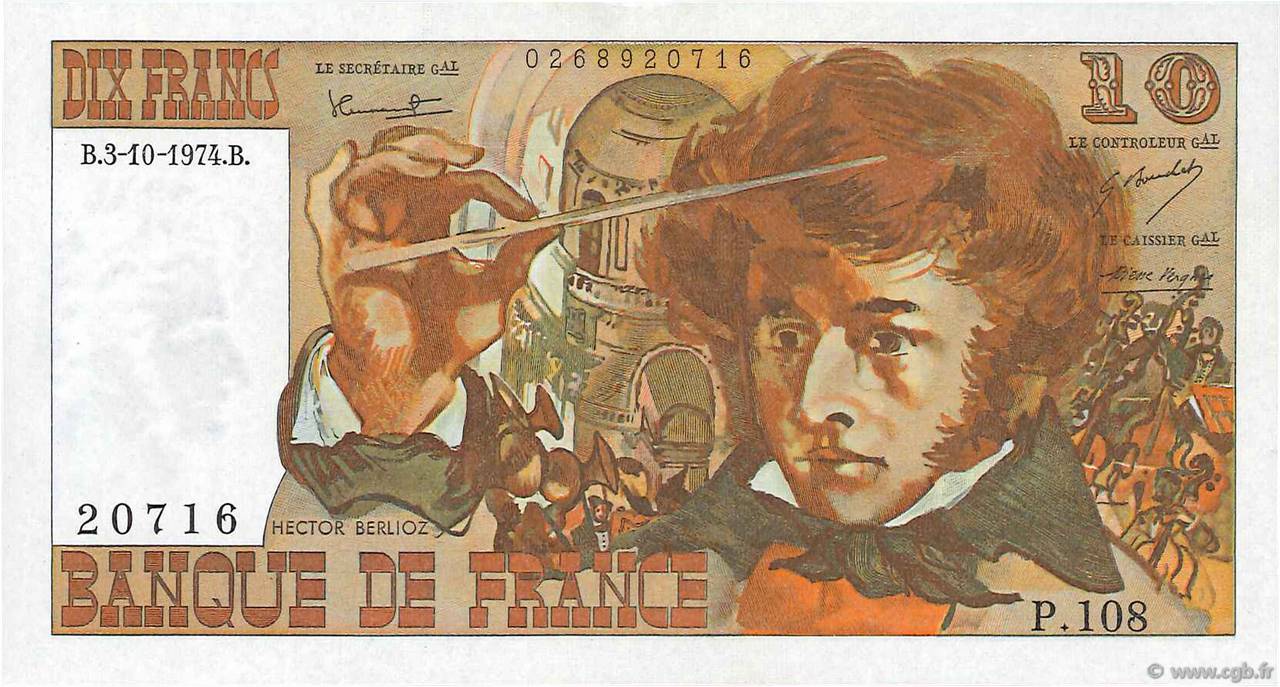 10 Francs BERLIOZ FRANKREICH  1974 F.63.07b ST