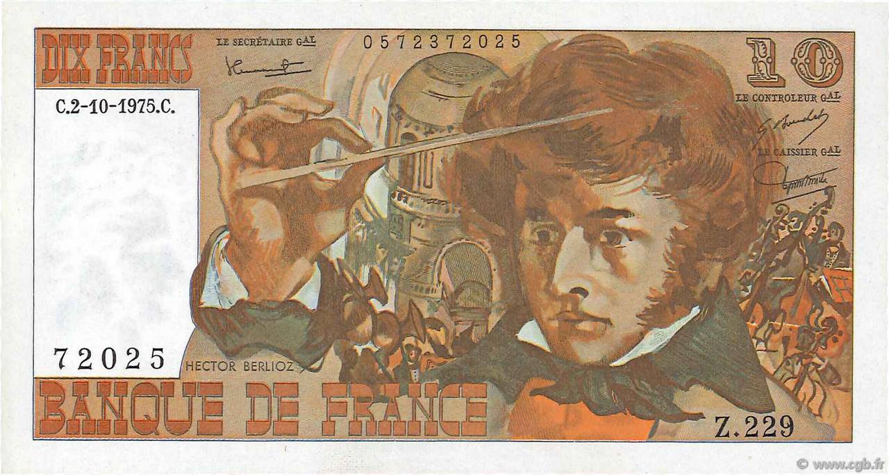 10 Francs BERLIOZ FRANKREICH  1975 F.63.13 fST+