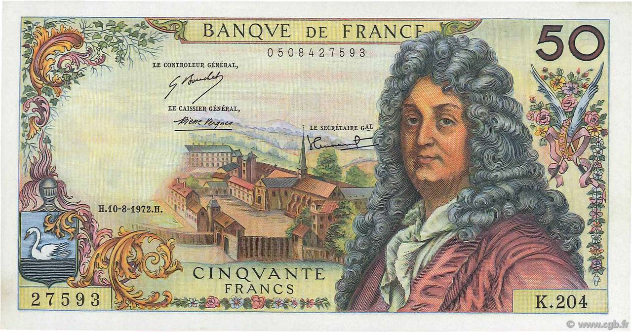 50 Francs RACINE FRANCIA  1972 F.64.21 q.FDC