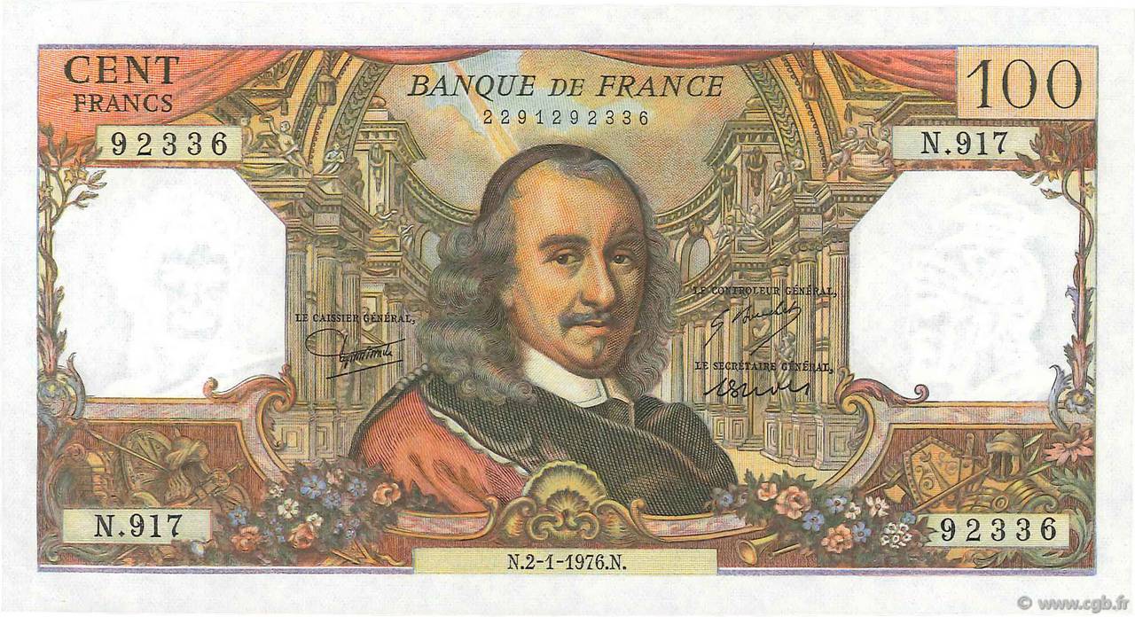 100 Francs CORNEILLE FRANCIA  1976 F.65.51 FDC