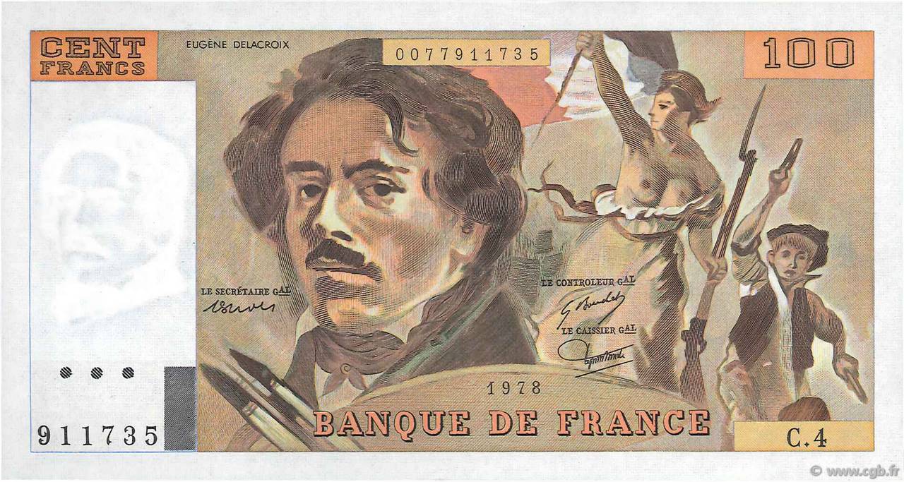 100 Francs DELACROIX modifié FRANCIA  1978 F.69.01c q.FDC