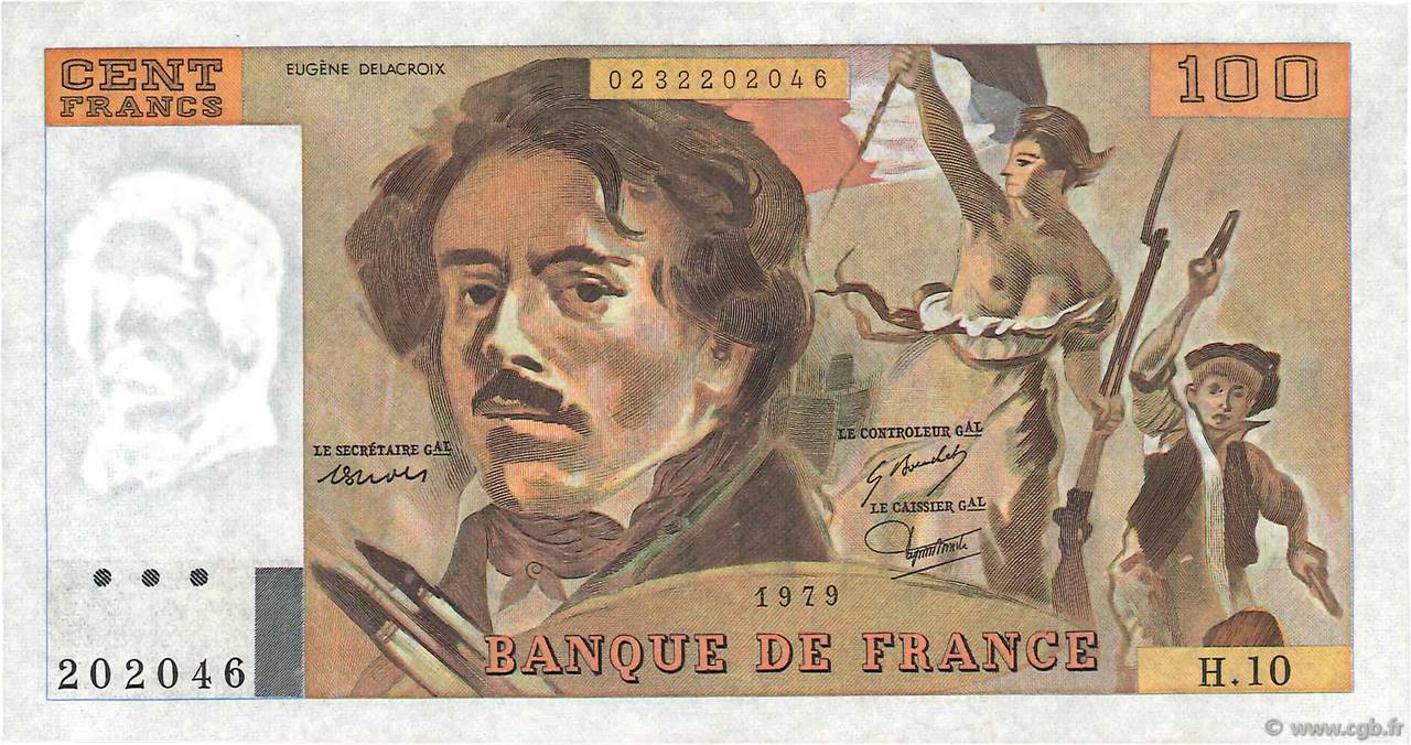 100 Francs DELACROIX modifié FRANCE  1979 F.69.02b VF
