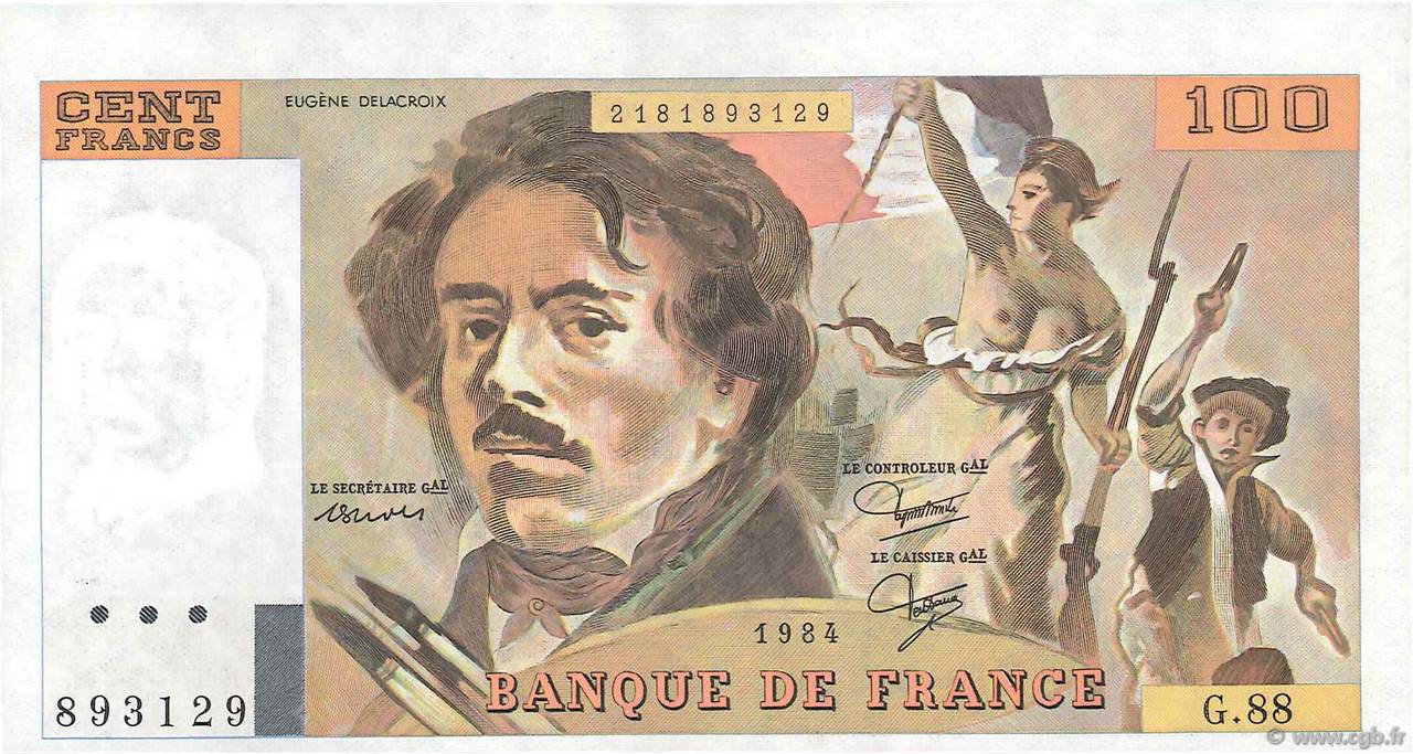 100 Francs DELACROIX modifié FRANCE  1984 F.69.08b XF+