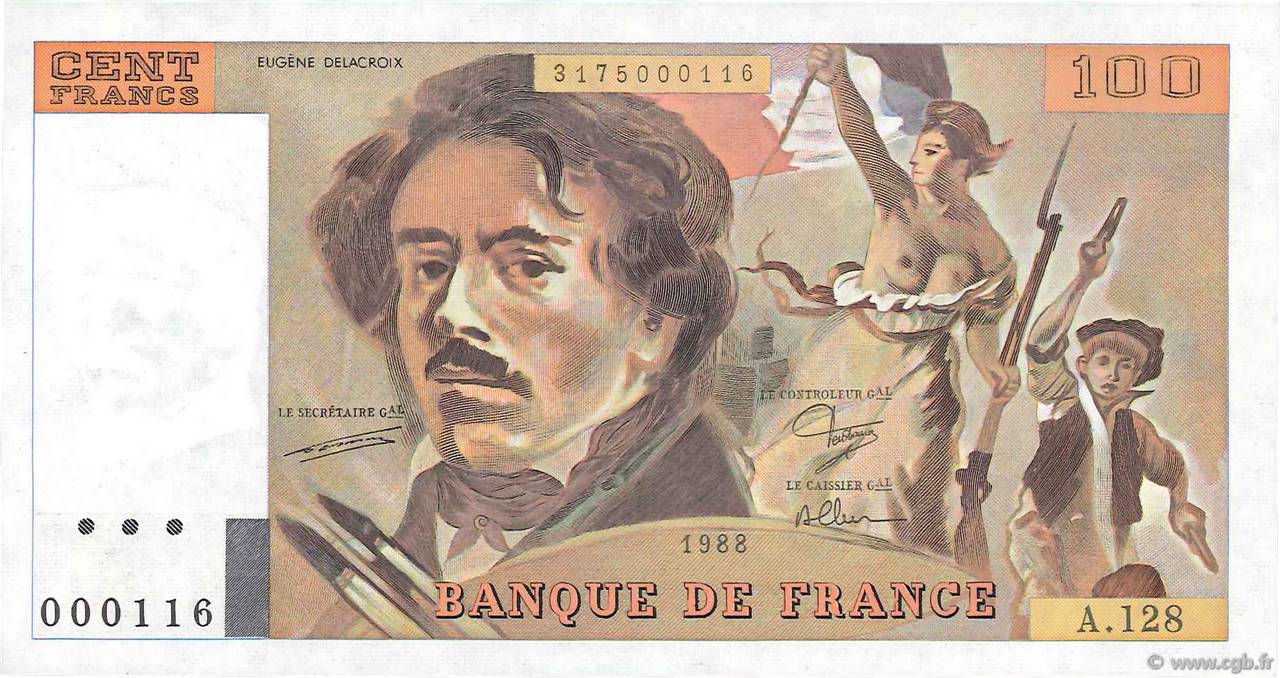 100 Francs DELACROIX modifié Petit numéro FRANCIA  1988 F.69.12A128 FDC