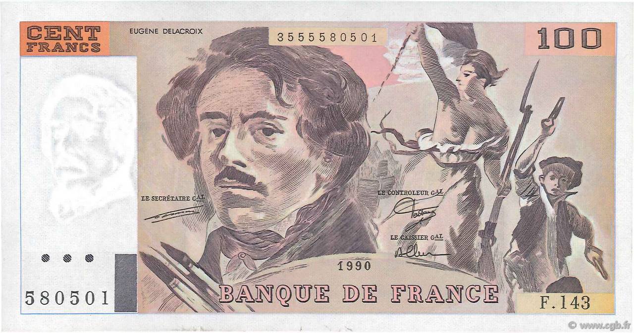 100 Francs DELACROIX imprimé en continu FRANCE  1990 F.69bis.01F XF+