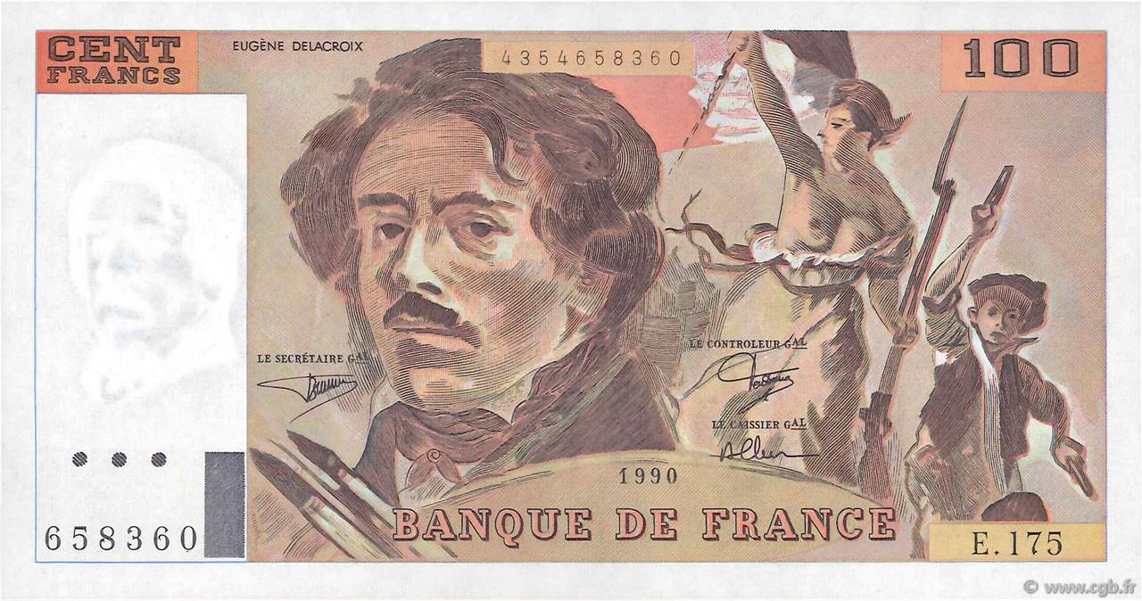 100 Francs DELACROIX imprimé en continu FRANCIA  1990 F.69bis.02c q.FDC