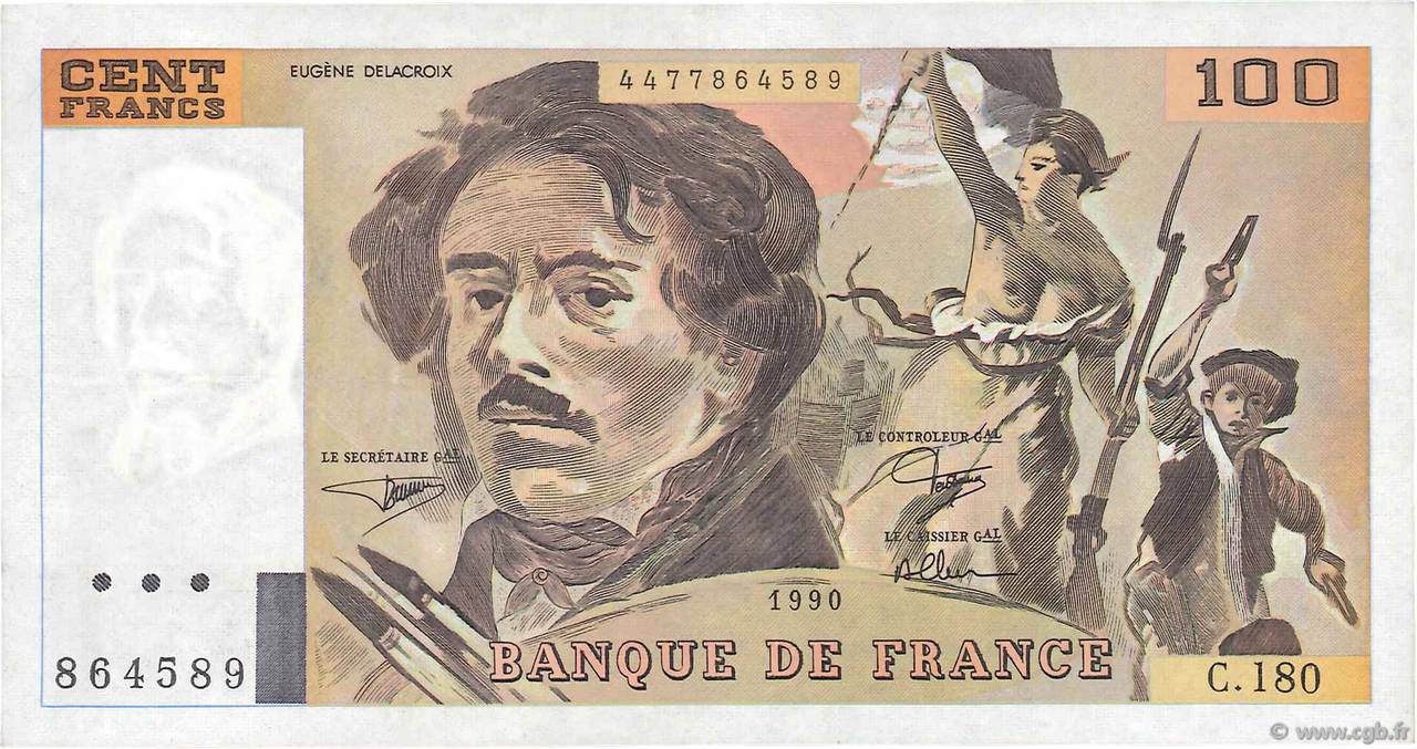 100 Francs DELACROIX imprimé en continu FRANKREICH  1990 F.69bis.02d VZ
