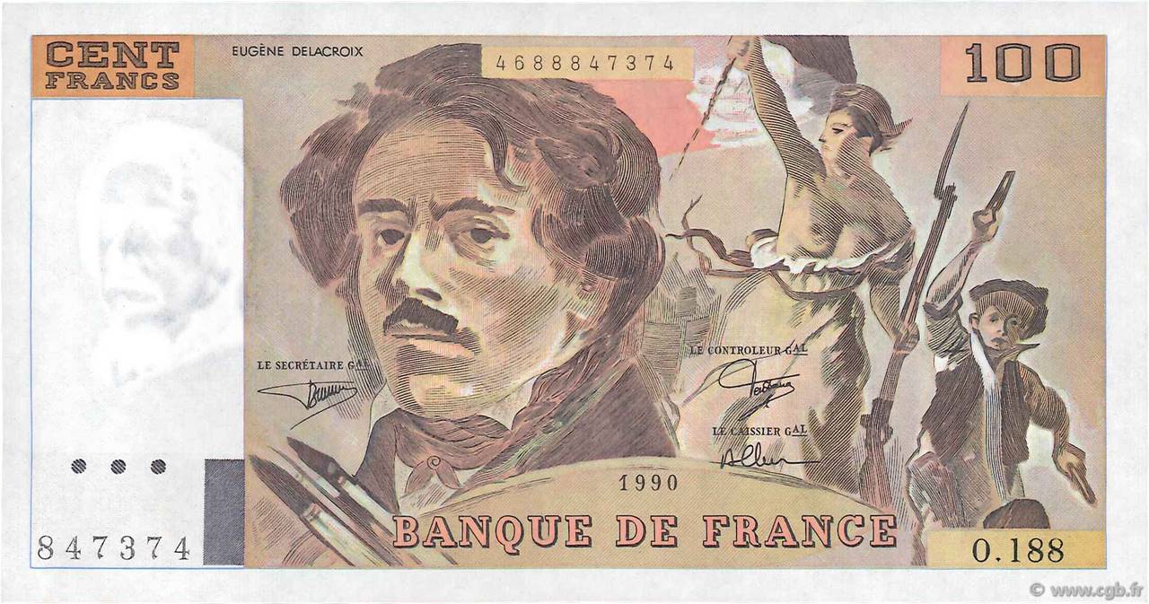 100 Francs DELACROIX imprimé en continu FRANCIA  1990 F.69bis.02e1 AU+