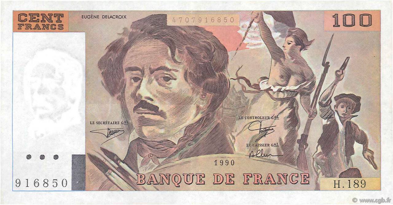 100 Francs DELACROIX imprimé en continu FRANCE  1990 F.69bis.02e2 XF