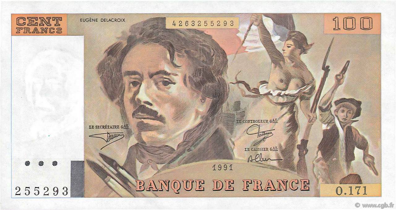 100 Francs DELACROIX imprimé en continu FRANKREICH  1991 F.69bis.03a3 fST+