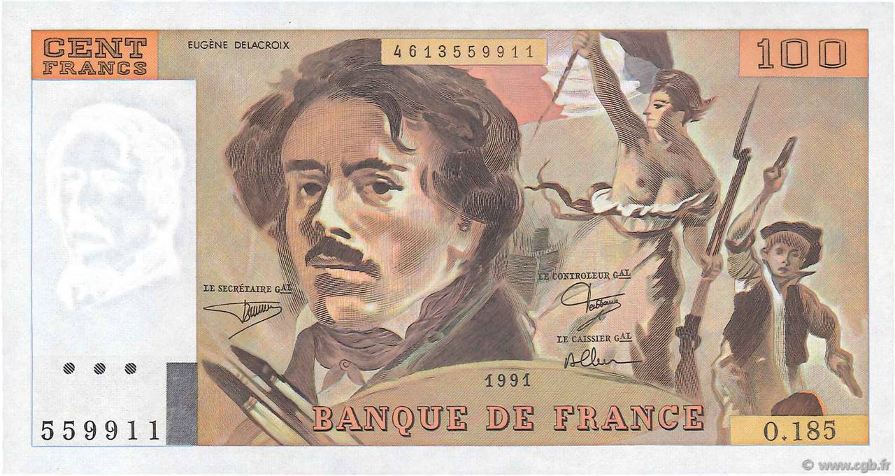 100 Francs DELACROIX imprimé en continu FRANCE  1991 F.69bis.03b2 AU+
