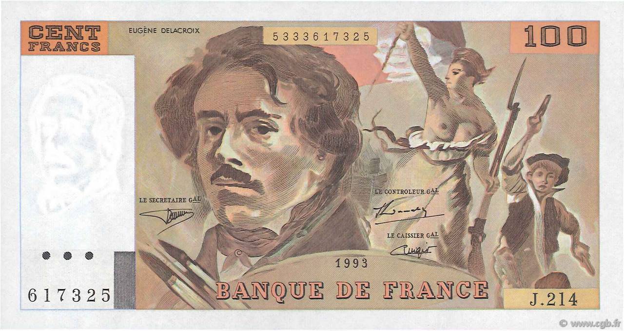 100 Francs DELACROIX imprimé en continu FRANCE  1993 F.69bis.05 UNC