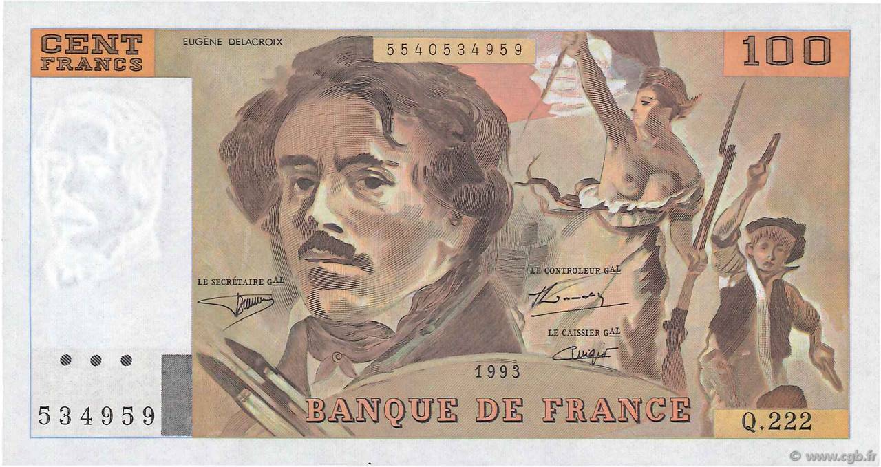 100 Francs DELACROIX imprimé en continu FRANKREICH  1993 F.69bis.07 fST+