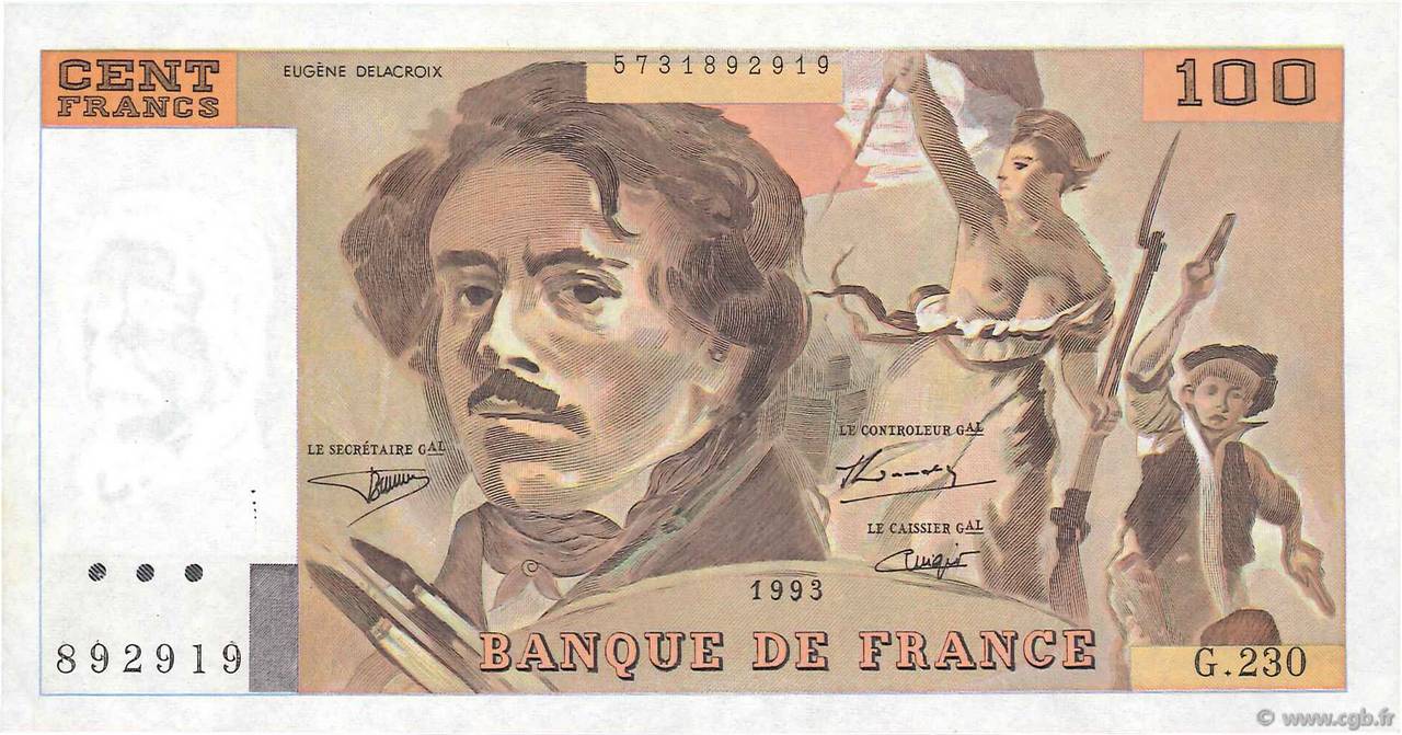 100 Francs DELACROIX imprimé en continu FRANKREICH  1993 F.69bis.08 VZ+