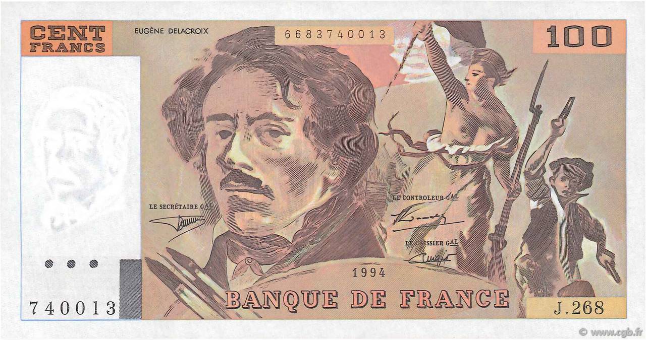 100 Francs DELACROIX 442-1 & 442-2 FRANCIA  1994 F.69ter.01b FDC