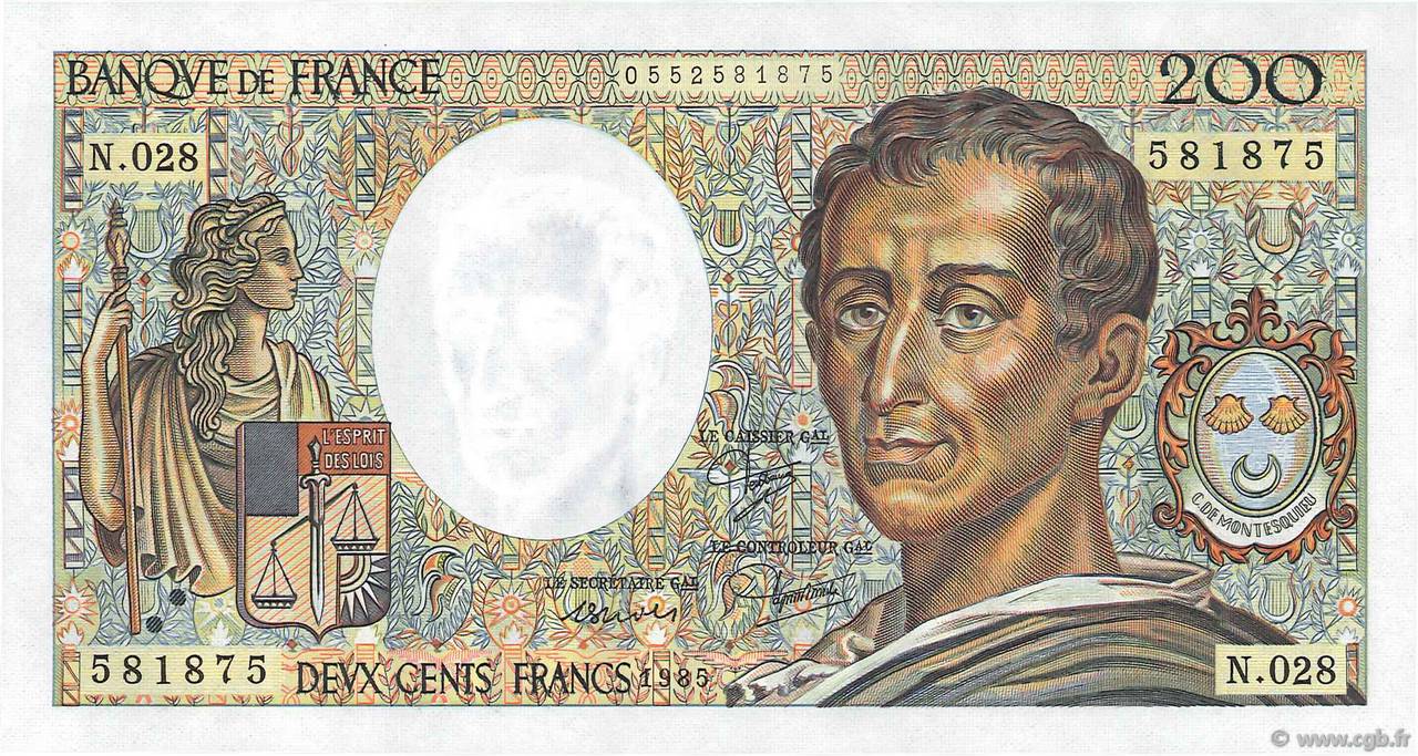200 Francs MONTESQUIEU FRANCE  1985 F.70.05 UNC