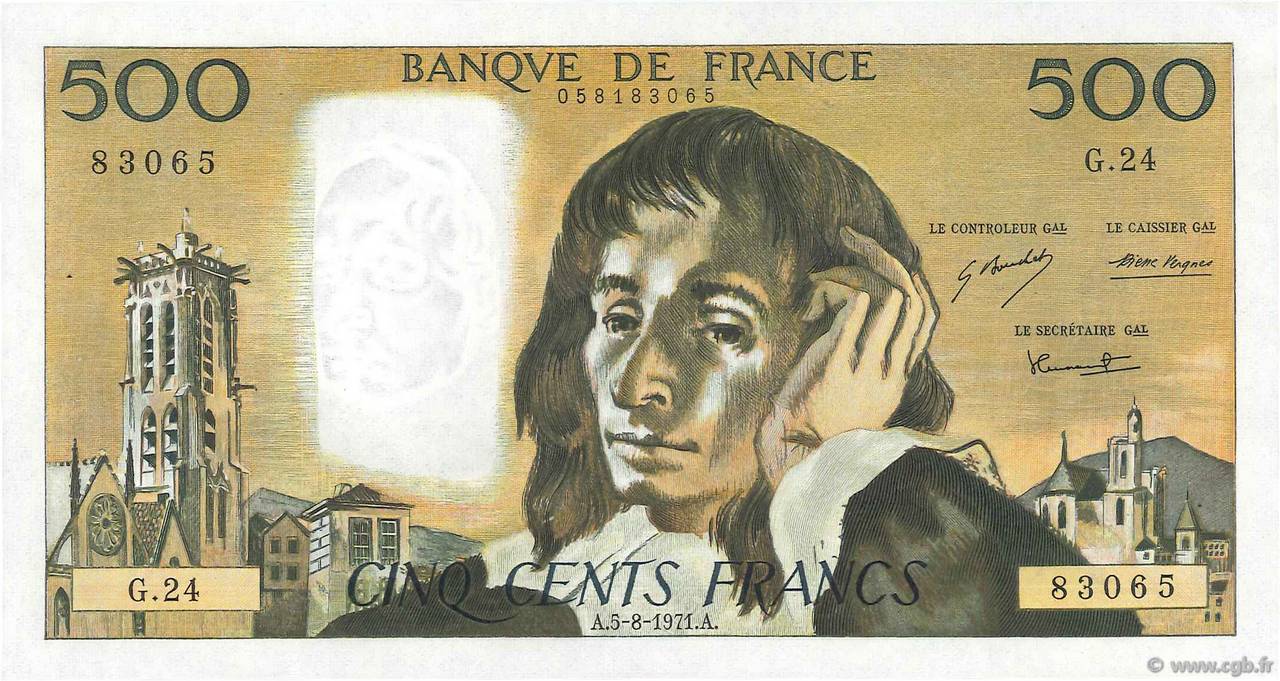 500 Francs PASCAL FRANKREICH  1971 F.71.06 fST