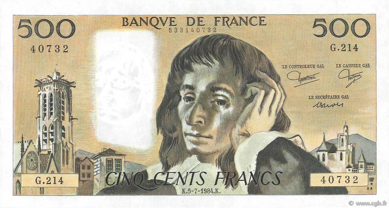 500 Francs PASCAL FRANCIA  1984 F.71.31 FDC