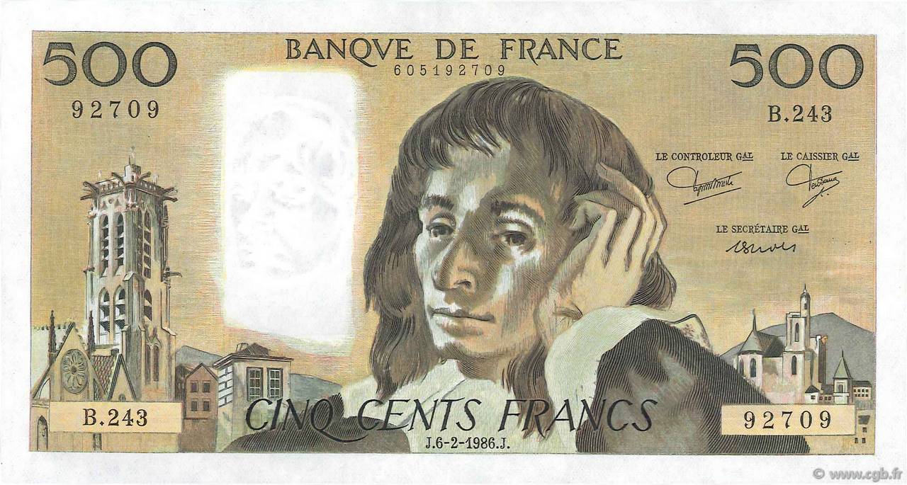 500 Francs PASCAL FRANCE  1986 F.71.34 UNC