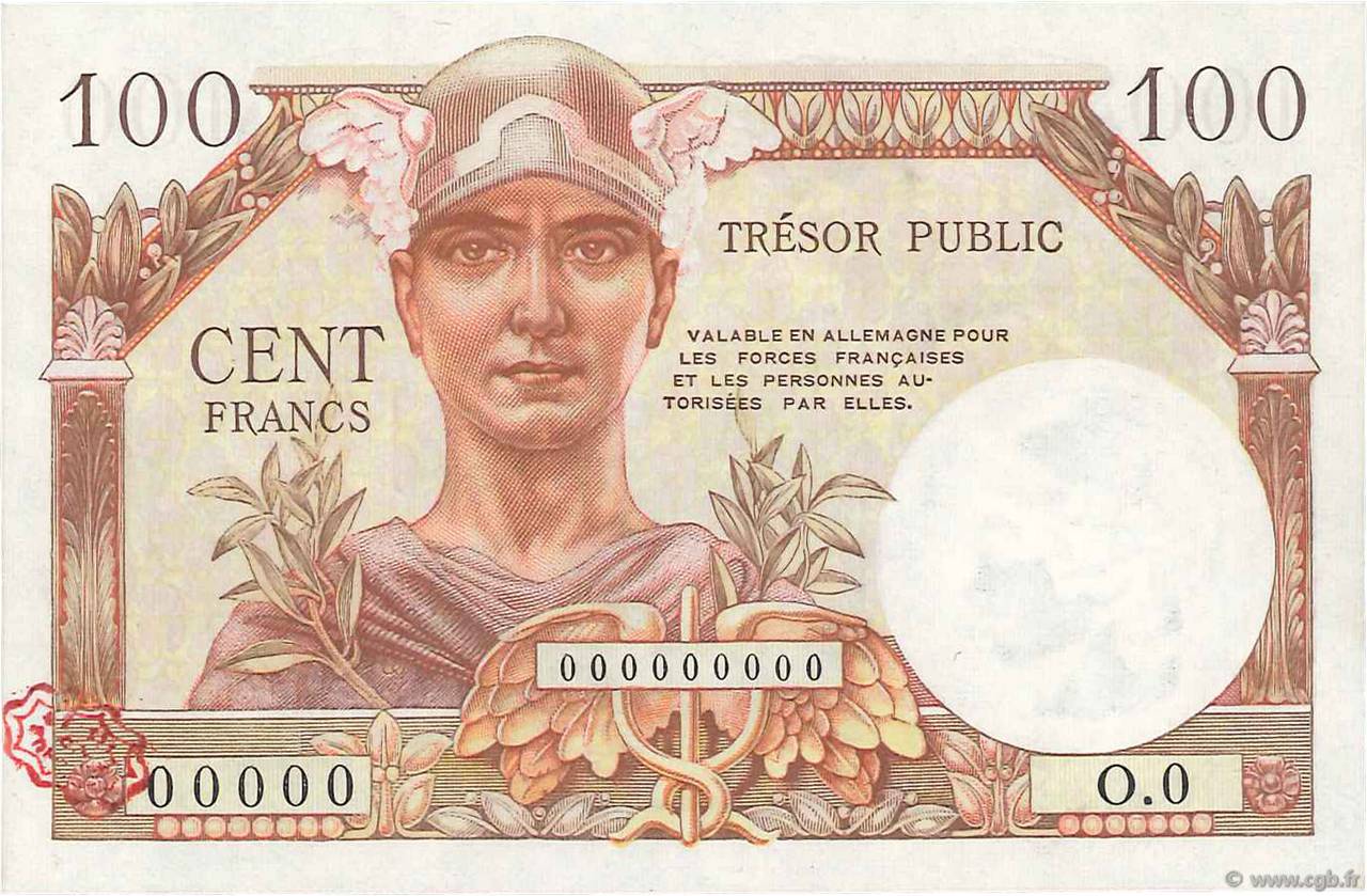 100 Francs TRÉSOR PUBLIC FRANCIA  1955 VF.34.00S FDC