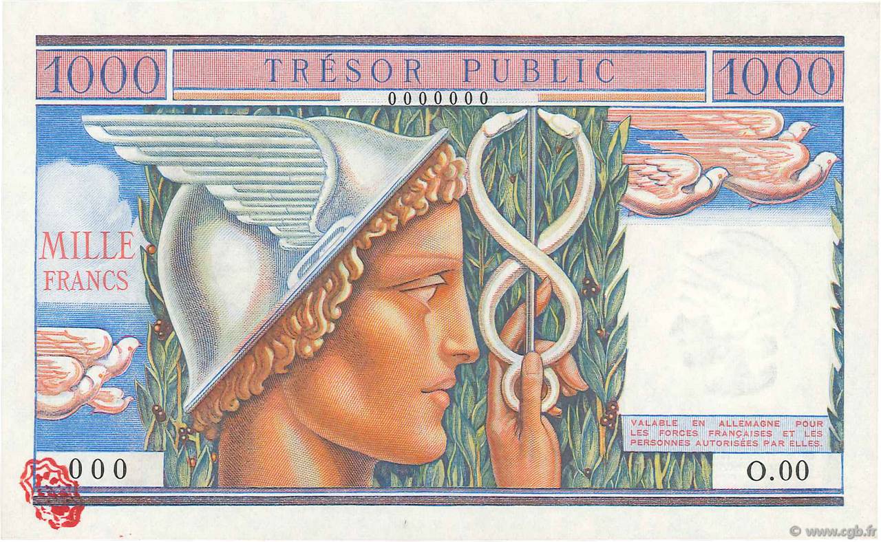 1000 Francs TRÉSOR PUBLIC FRANCE  1955 VF.35.00S UNC