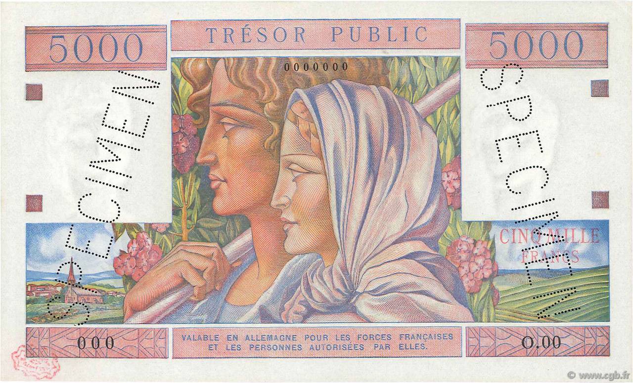 5000 Francs TRÉSOR PUBLIC FRANKREICH  1955 VF.36.00Sp fST+