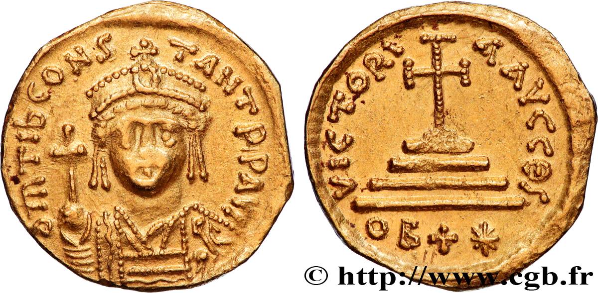 TIBÈRE II CONSTANTIN Solidus de pois léger (22 siliques) TTB+