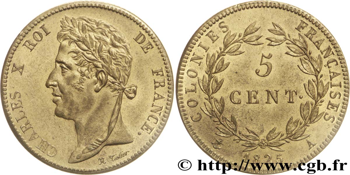 COLONIAS FRANCESAS - Charles X, para Guayana y Senegal 5 Centimes 1825 Paris SC 