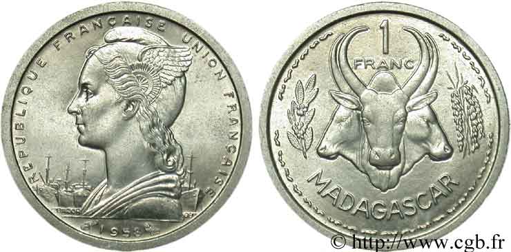 MADAGASCAR French Union 1 Franc 1958 Paris AU 