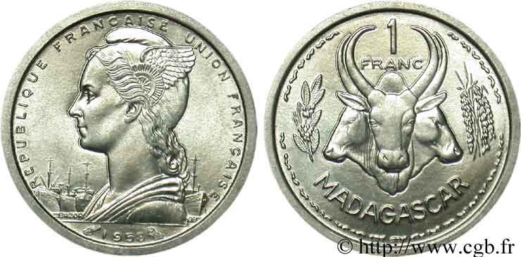 MADAGASCAR - UNION FRANCESE 1 Franc 1958 Paris MS 