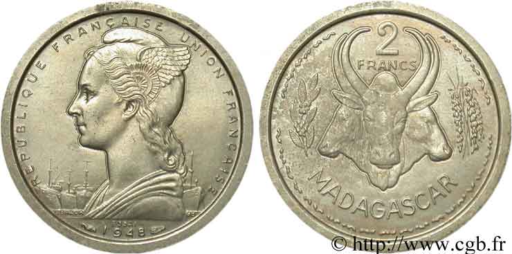 MADAGASCAR French Union 2 Francs ESSAI 1948 Paris AU 
