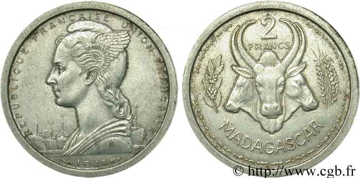 MADAGASCAR French Union 2 Francs 1948 Paris XF 