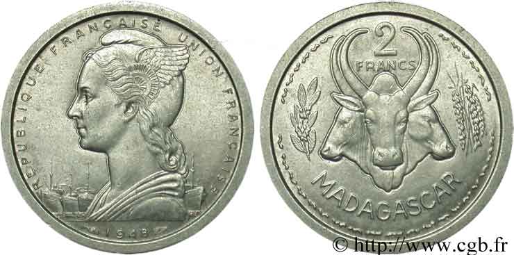 MADAGASCAR French Union 2 Francs 1948 Paris AU 