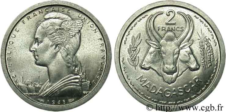 MADAGASCAR French Union 2 Francs 1948 Paris MS 
