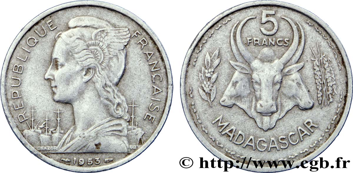 MADAGASCAR French Union 5 Francs 1953 Paris VF 