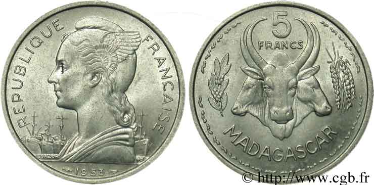 MADAGASCAR - UNIóN FRANCESA 5 Francs Marianne / buffles 1953 Paris EBC 
