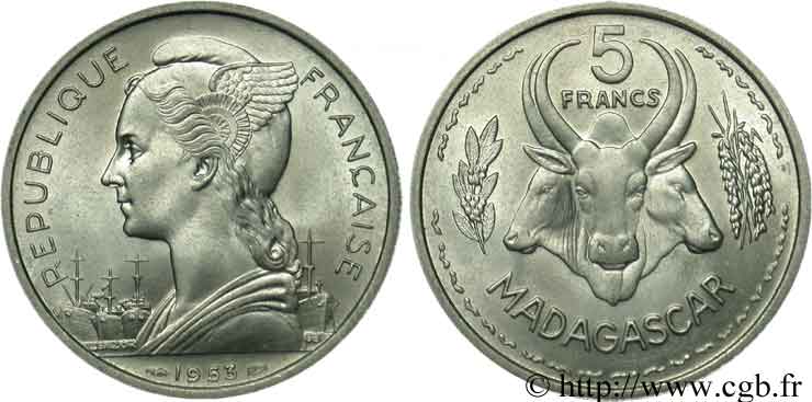 MADAGASCAR French Union 5 francs 1953 Paris MS 