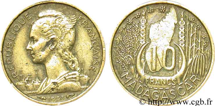MADAGASCAR - UNION FRANCESE 10 Francs 1953 Paris MB 
