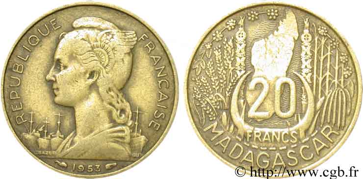 MADAGASCAR - UNIóN FRANCESA 20 Francs 1953 Paris BC 