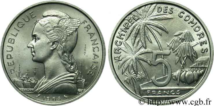 COMORAS  5 francs ESSAI 1964 Paris SC 