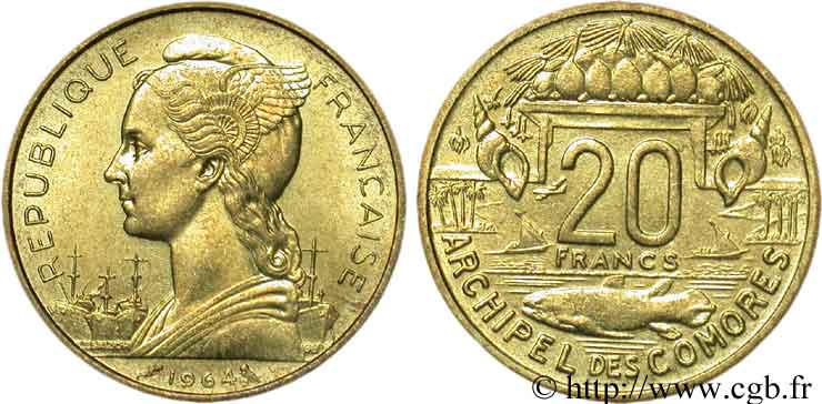 COMOROS  20 Francs 1964 Paris AU 
