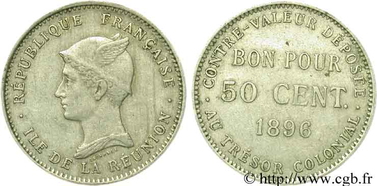 REUNIóN - TERCERA REPUBLICA 50 centimes 1896 Paris MBC+ 