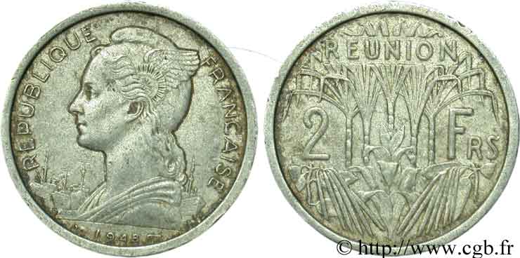 REUNION ISLAND 2 Francs 1948 Paris VF 