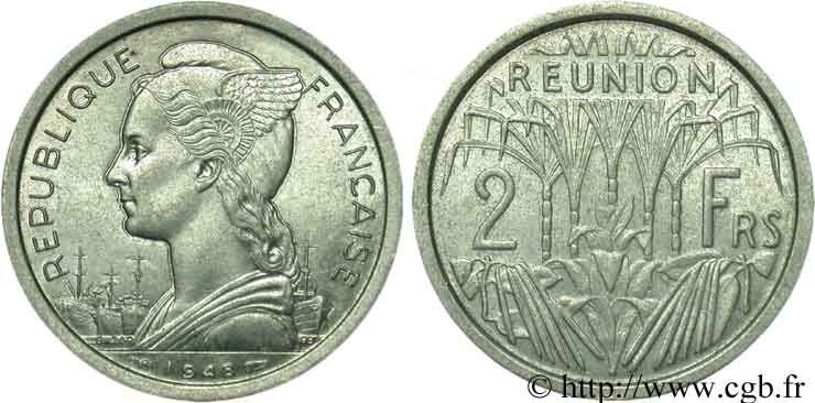 REUNION ISLAND 2 Francs 1948 Paris AU 