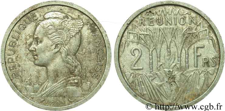 REUNION ISLAND 2 Francs 1969 Paris VF 