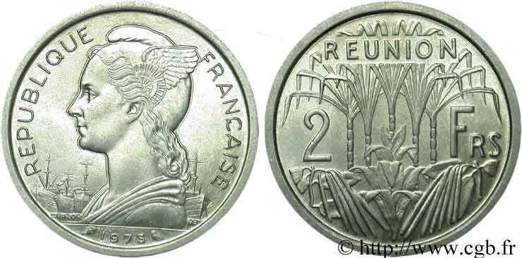 ISLA DE LA REUNIóN 2 Francs Marianne / canne à sucre 1973 Paris SC 